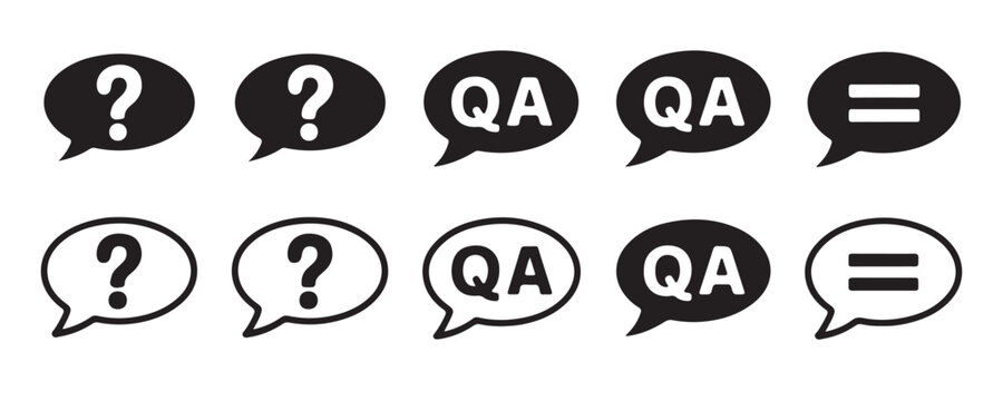 Collection of black speech bubbles with question marks and qa and equals signs.