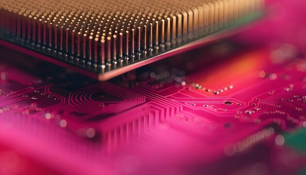 Close up view of a modern computer processor grid. Hardware engineering and microchip manufacturing. Golden CPU chip sitting on a circuit board track system