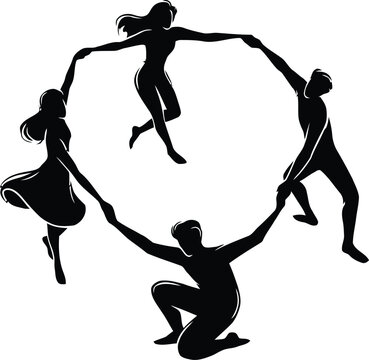 Group of people holding hands in circle dancing outdoors.
