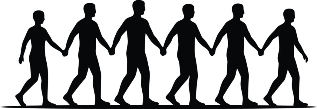 Line of men walking holding hands in unity, symbol of partnership and teamwork with checkered background.