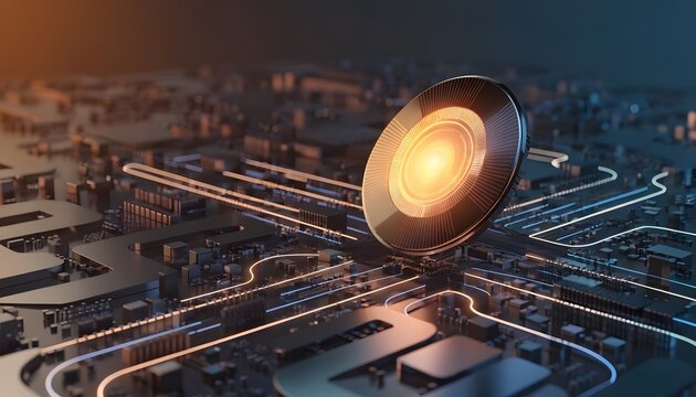 Futuristic circular processor unit on a dark motherboard. High-performance computing needs. Golden glowing core processing enterprise system data.