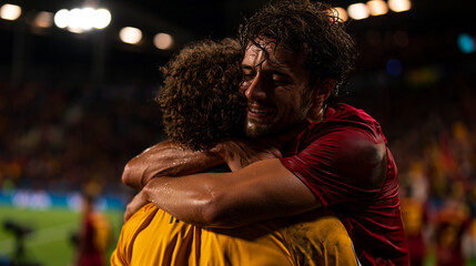 Obraz premium Emotional Embrace on the Field: Two teammates share a poignant embrace, one overcome with tears of joy or sorrow, on a vibrant sports field under the stadium lights.