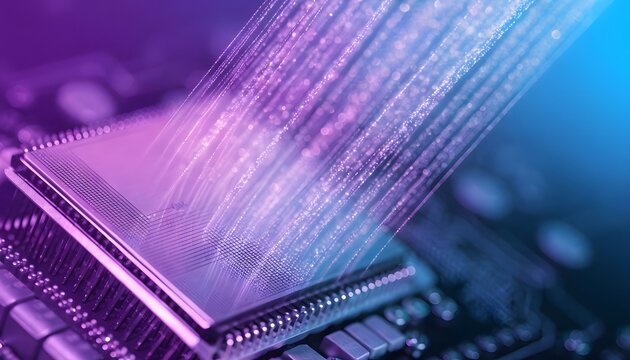 Central processing unit on circuit system. Quantum computing cloud network infrastructure. Microchip receiving high speed purple energy beams