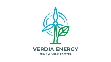Green wind turbine and leaf logo for renewable energy. © Joan