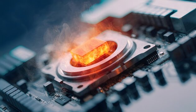 Overheated glowing orange microchip core emitting dense smoke on circuit board. Hardware failure and extreme processing. Glowing central processing unit structure under severe load