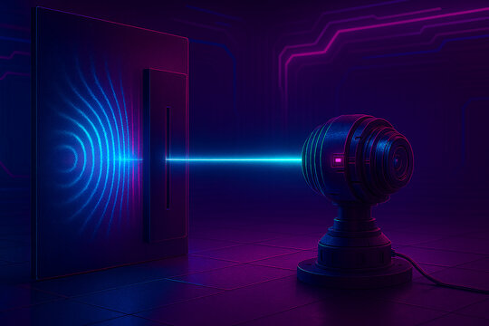 Light diffraction experiment with monochromatic beam passing through a double slit to create an interference pattern on a projection screen in a dark laboratory.