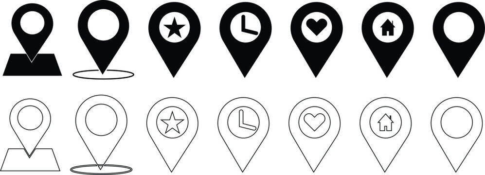Map pin icon set, 14 black and white location markers with symbols, flat vector navigation pointers for web and mobile apps, solid and outline style gps destination pins