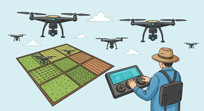 Flat vector illustration of a farmer operating a digital console to control multiple quadcopter drones monitoring segmented crop fields for smart agriculture and remote sensing.