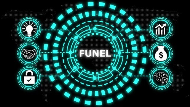 A glowing circular diagram with the word funel in the center and six surrounding icons representing business concepts.