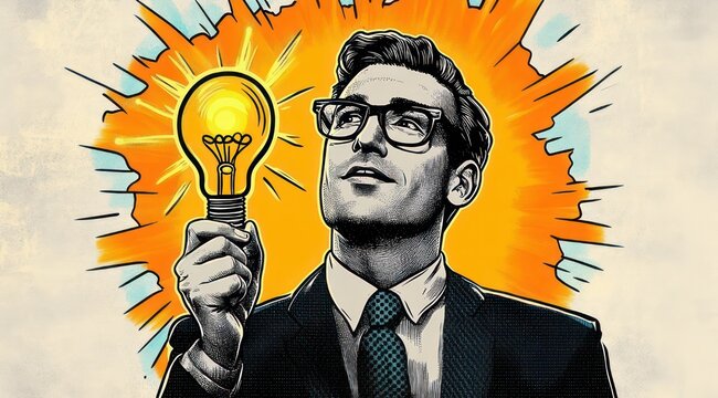 businessman with blurred face in suit holding a glowing light bulb against an orange burst comic background conveying eureka inspiration