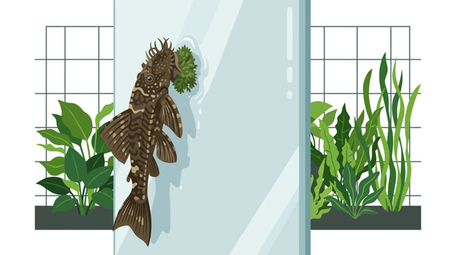 Aquarium pleco fish attached to glass with aquatic plants and grid background