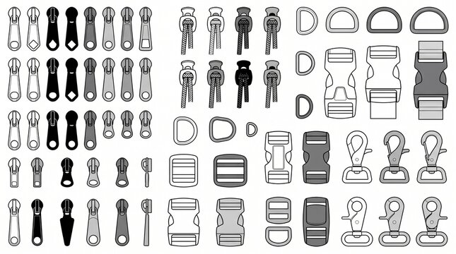 Bag and Garment Hardware Vector Set: Zippers, Buckles, Hooks, and D-Rings