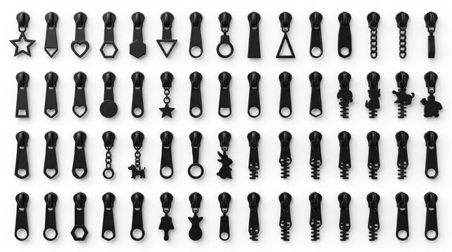 Set of Black Metal Zipper Pulls and Sliders in Diverse Shapes and Designs