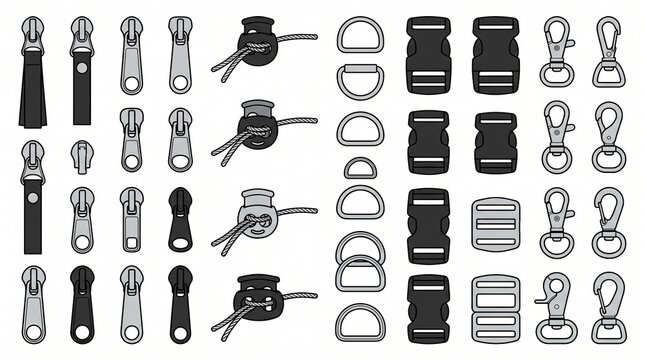 Bag and Garment Hardware Set: Zippers, Buckles, Hooks, D-Rings, and Cord Locks