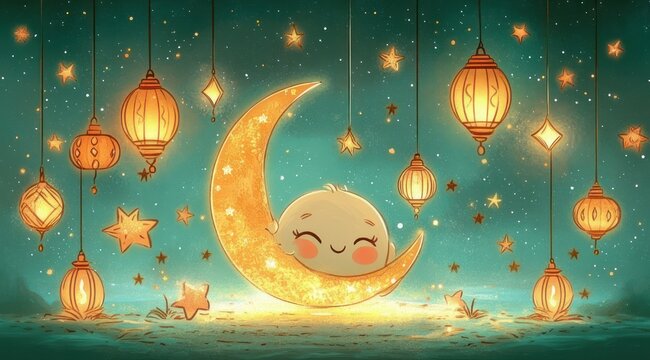 smiling moon face nestled in a glowing crescent surrounded by hanging lanterns, twinkling stars and soft clouds in a warm dreamy peaceful night scene