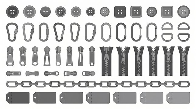 Clothing Accessories and Hardware Vector Set with Zippers Buttons Chains Tags