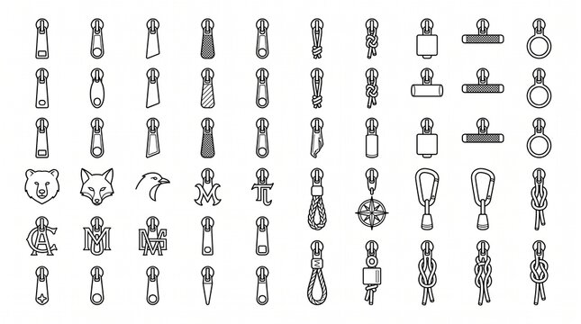 Zipper Puller Slider Icon Set - Minimalist Line Art Vector for Clothing and Accessories