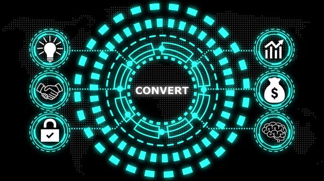 A glowing cyan circular diagram with the word convert in the center and six surrounding icons representing business concepts.