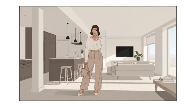 Vector illustration of a fashionable woman in a white blouse and beige trousers taking a selfie in a modern minimalist apartment with open kitchen, living room, and neutral interior design.