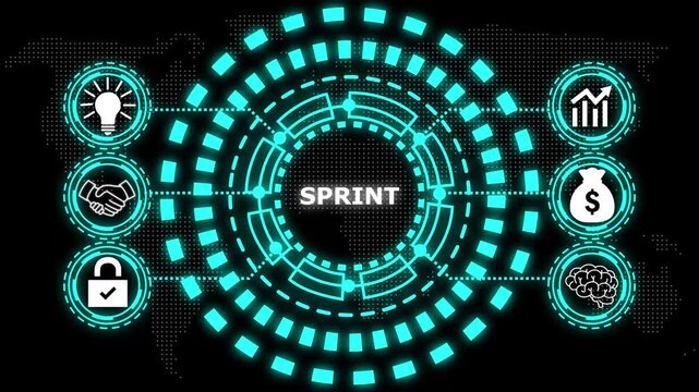 A glowing cyan circular diagram with the word sprint in the center and six surrounding icons representing business concepts.