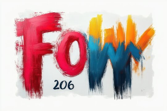 Energetic expressive abstract painting of bold red, blue and orange brushstrokes forming letters F O W with number 206 below
