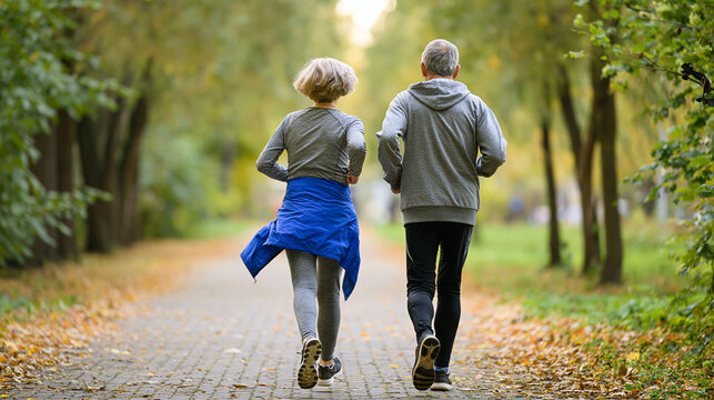 Golden Autumn Jog: A fit couple enjoys a brisk jog on a paved path through an autumnal park, surrounded by trees shedding golden leaves, embodying a healthy and active lifestyle.