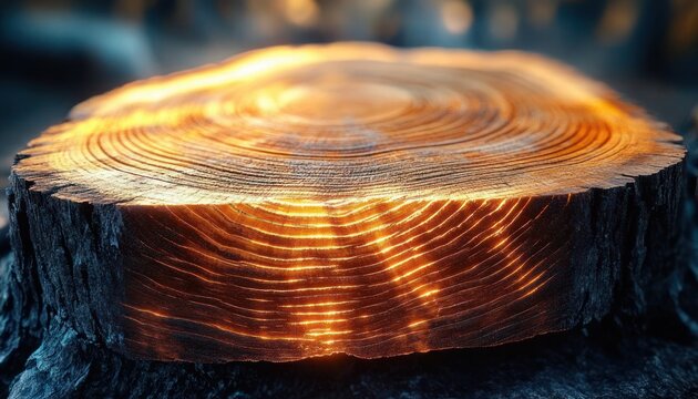 close-up of a tree stump cross-section with concentric growth rings and textured bark bathed in warm golden light, conveying a serene timeless glow