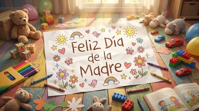 Child drawing with Feliz Dia de la Madre greeting text on wooden table with toys for Mother's Day