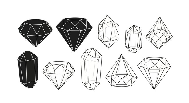 Collection of geometric gemstone and crystal icons with facets