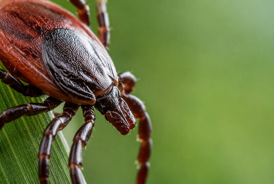 Tick close up on green leaf with copy space on nature background.