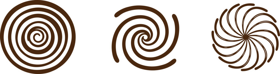 Naklejka premium Abstract Brown Spiral Line Icon Set with Circular Swirl Geometric Vortex and Concentric Twirl Elements for Graphic Design Layouts