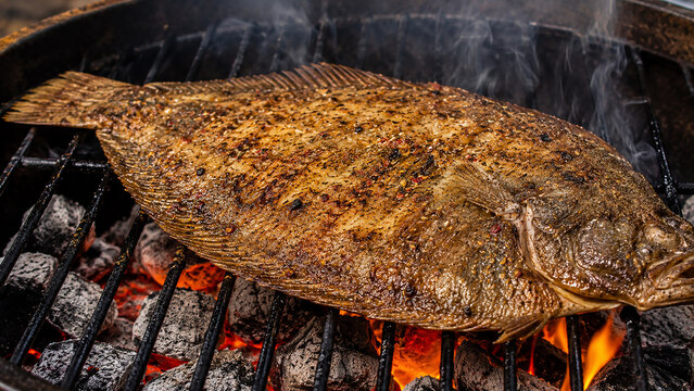 Grilled fish fillet cooking on barbecue grill over hot charcoal with smoke background.