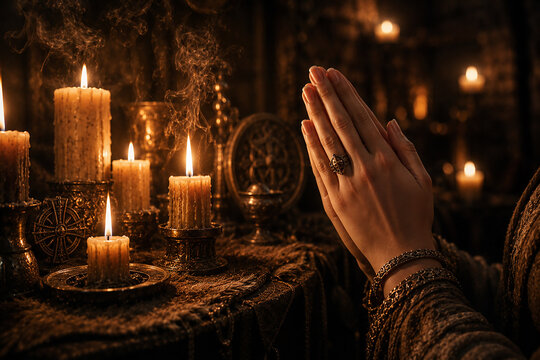 Hands praying near burning candles in dark mystical ritual interior background.