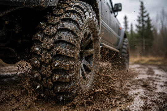 Offroad vehicle wheel with spiked tire driving through mud on rocky mountain road background.