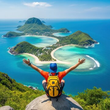 Rear View of Adventurous Male Traveler with Backpack Sitting on Mountain Peak with Arms Raised Overlooking Stunning Tropical Island Archipelago and Turquoise Sea