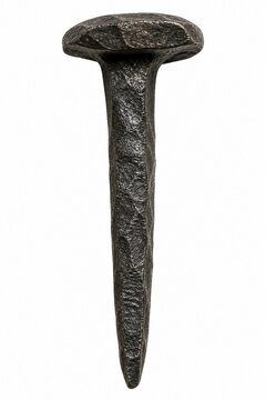 Old forged iron nail isolated on white background.