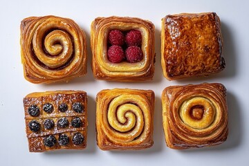 Fototapeta premium Six golden square flaky pastries on white background: three spiral swirls, one with three raspberries, one glazed square and one topped with a grid of blueberries; inviting and indulgent