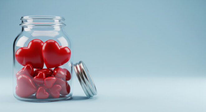 A sealed glass jar full of red hearts, representing preserved love or a sweet Valentine's Day gift to be cherished