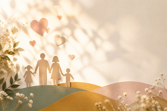 Paper family silhouette with hearts and flowers on soft pastel background with copy space.