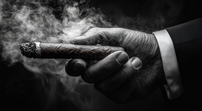 Weathered hand in suit cuff holding a smoldering cigar with curling smoke, evoking quiet contemplation and brooding elegance