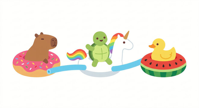 Kawaii Animals on Summer Pool Floats Vector Illustration Isolated