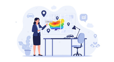 Fototapeta premium Businesswoman presenting urban analytics and data visualization on a city map with heat map and location pins