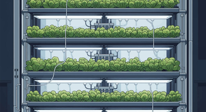 Vector illustration of a multi-layer indoor vertical farming system with fresh green leafy lettuce growing under artificial LED lights and automated irrigation tube networks.