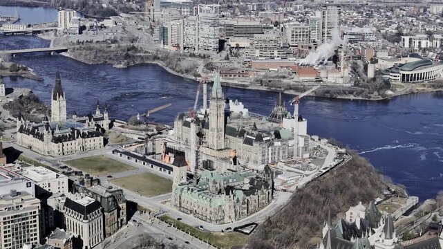 Aerial panoramic view of downtown Ottawa, Parliament Hill and Ottawa River, Ontario, Canada. g.