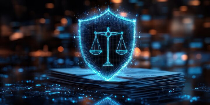 Holographic blue shield with scales of justice hovering above a stack of documents, glowing in a dark digital bokeh background and conveying security and trust