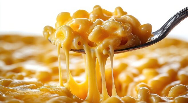 close-up of a spoon lifting gooey creamy macaroni and cheese with stringy melted cheese, warm indulgent comfort food