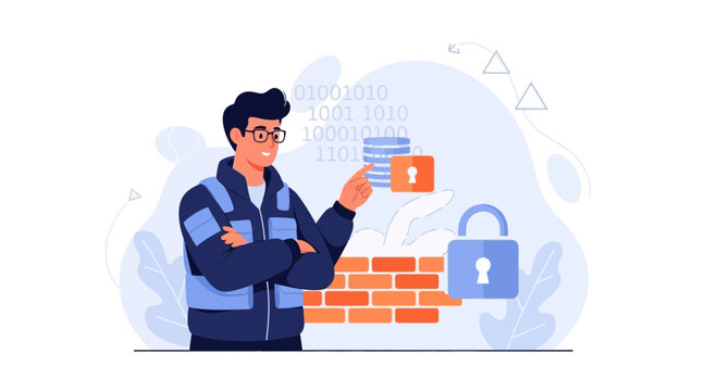 Cybersecurity expert demonstrating data protection with firewall, locks, binary code, and coins