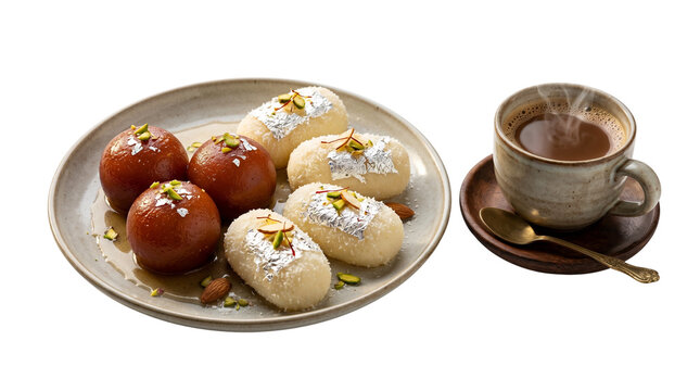 Traditional Indian sweets gulab jamun and cham cham with silver leaf, authentic South Asian dessert platter, hot masala chai tea in ceramic mug isolated PNG with Transparent Background