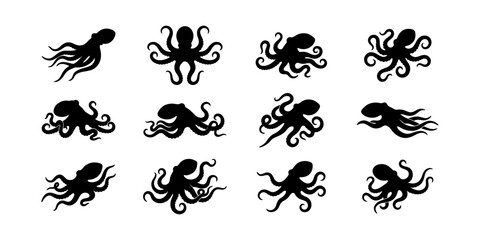 Set of black octopus silhouettes isolated on white background. vector collection of various cephalopod shapes, ocean creature icon bundle for design element. © mr.shawn007