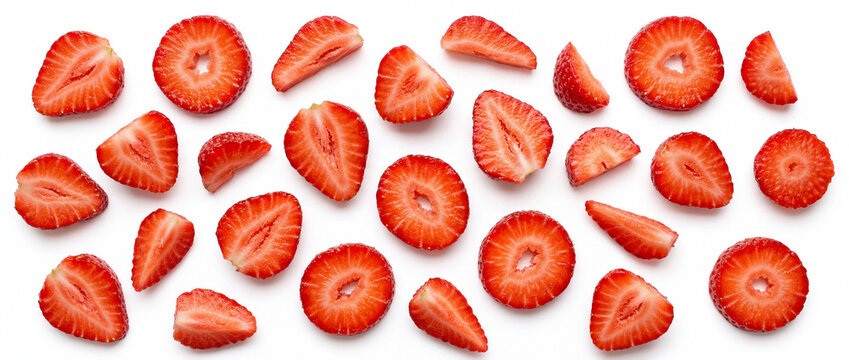 Fresh sliced red strawberries scattered on a crisp white background, top view